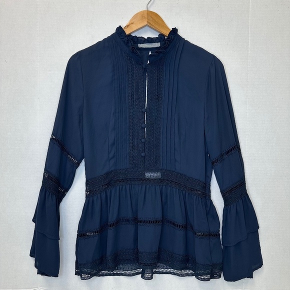 Octavia Navy Blue Ruffle & Lace Boho Blouse size Medium - Picture 1 of 12